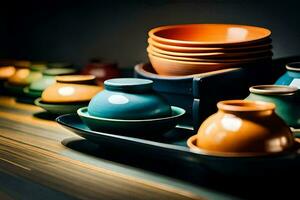 a collection of colorful bowls and plates on a table. AI-Generated photo