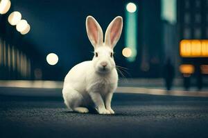 blanco Conejo sentado en el la carretera a noche. generado por ai foto