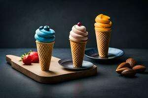 three ice cream cones with different colors on a wooden board. AI-Generated photo