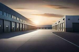 an empty warehouse with a sun setting behind it. AI-Generated photo