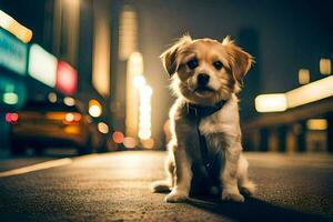 a dog sitting on the street at night. AI-Generated photo