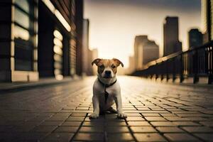 a dog sitting on a brick walkway in the city. AI-Generated photo