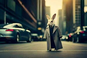 a rabbit dressed in a suit and tie standing in the middle of a city street. AI-Generated photo