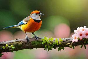 a colorful bird sits on a branch with pink flowers. AI-Generated photo