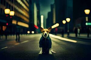 a dog in a suit standing on the street at night. AI-Generated photo