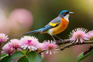 un vistoso pájaro se sienta en un rama con rosado flores generado por ai foto