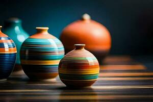 colorful vases on a wooden table. AI-Generated photo