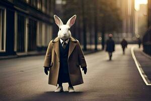 a rabbit dressed in a suit and tie is walking down the street. AI-Generated photo