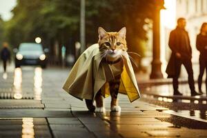 a cat wearing a raincoat on a city street. AI-Generated photo