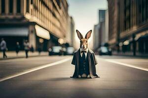 a rabbit dressed in a suit and tie standing in the middle of a city street. AI-Generated photo