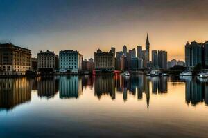 el ciudad horizonte es reflejado en el agua a puesta de sol. generado por ai foto