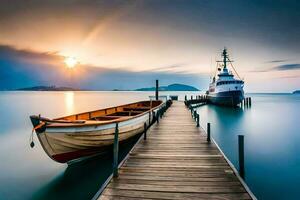 a boat docked at the end of a pier. AI-Generated photo