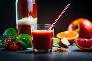 un vaso de jugo con fresas, naranjas y un botella de jugo. generado por ai foto