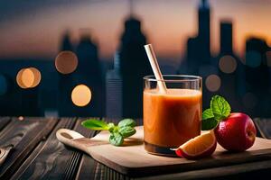 a glass of juice with an apple and mint on a table. AI-Generated photo