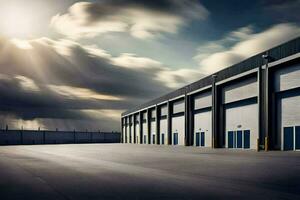 a large warehouse with a sun shining through the clouds. AI-Generated photo