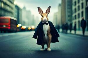 un Conejo vestido en un traje y Corbata en pie en el calle. generado por ai foto