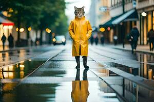 a cat in a yellow raincoat standing on a wet street. AI-Generated photo