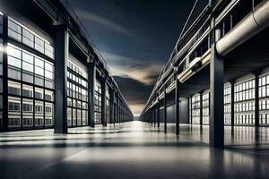 an empty warehouse with large windows and a dark sky. AI-Generated photo