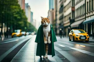 a cat wearing a green coat on the street. AI-Generated photo