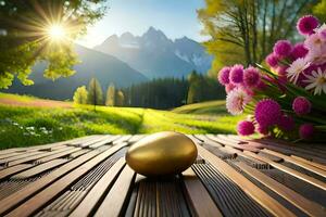 golden egg on the wooden table with flowers and mountains in the background. AI-Generated photo