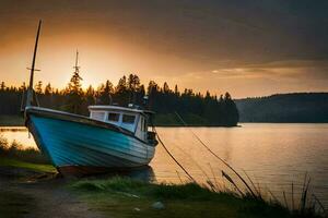 a boat sits on the shore of a lake at sunset. AI-Generated photo