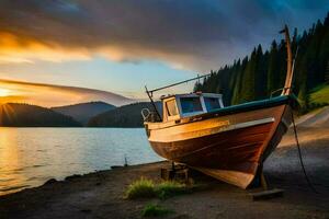 a boat sits on the shore of a lake at sunset. AI-Generated photo