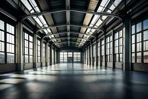 an empty warehouse with large windows and a large floor. AI-Generated photo