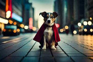 a dog wearing a cape sits on the street. AI-Generated photo