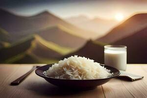 rice in a bowl with a glass of milk on a table in front of mountains. AI-Generated photo