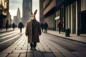 a rabbit wearing a coat and standing on a street. AI-Generated photo