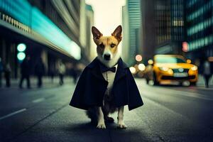 a dog wearing a black coat and tie standing on a city street. AI-Generated photo