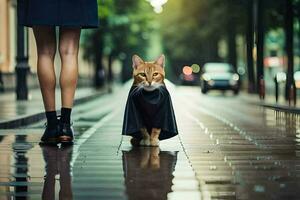 a cat wearing a cape walks on a wet street. AI-Generated photo