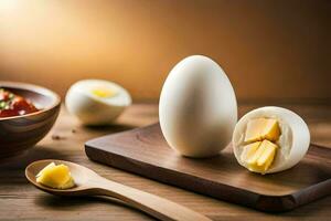 a hard boiled egg on a cutting board with a spoon. AI-Generated photo