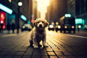 un perrito es en pie en un calle en el ciudad. generado por ai foto