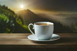 a cup of coffee on a wooden table in the mountains. AI-Generated photo