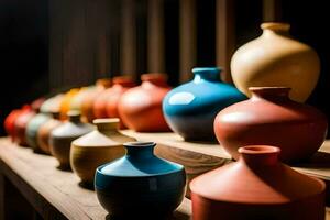 a row of colorful vases on a wooden shelf. AI-Generated photo