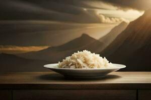 un cuenco de arroz en un mesa en frente de montañas. generado por ai foto