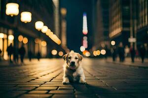 a dog sitting on the street at night. AI-Generated photo