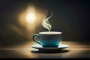 a cup of coffee on a table with a light. AI-Generated photo