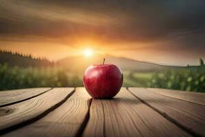 an apple sits on a wooden table in front of a sunset. AI-Generated photo