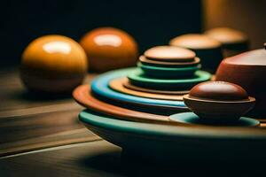 colorful plates and bowls sit on a table. AI-Generated photo