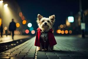a small dog wearing a red coat standing on a street at night. AI-Generated photo