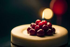 a close up of a cherry on top of a cake. AI-Generated photo