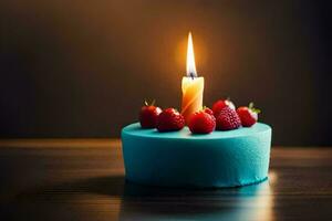 a blue birthday cake with a single candle. AI-Generated photo