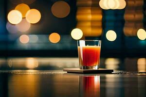 a glass of orange juice on a table in front of a cityscape. AI-Generated photo