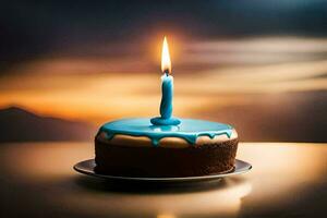 a blue birthday cake with a single candle. AI-Generated photo