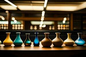 a row of vases lined up on a table. AI-Generated photo