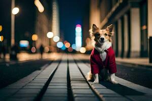 a dog wearing a red jacket sitting on the street. AI-Generated photo