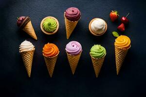 different colored ice cream cones on a dark background. AI-Generated photo