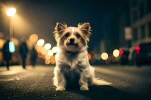 a dog sitting on the street at night. AI-Generated photo